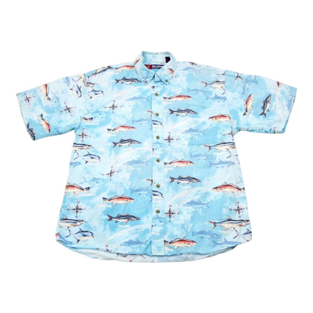 Reel Legends Men's Shirt Short Sleeve Blue Fish Hawaiian Saltwater‎ Size L